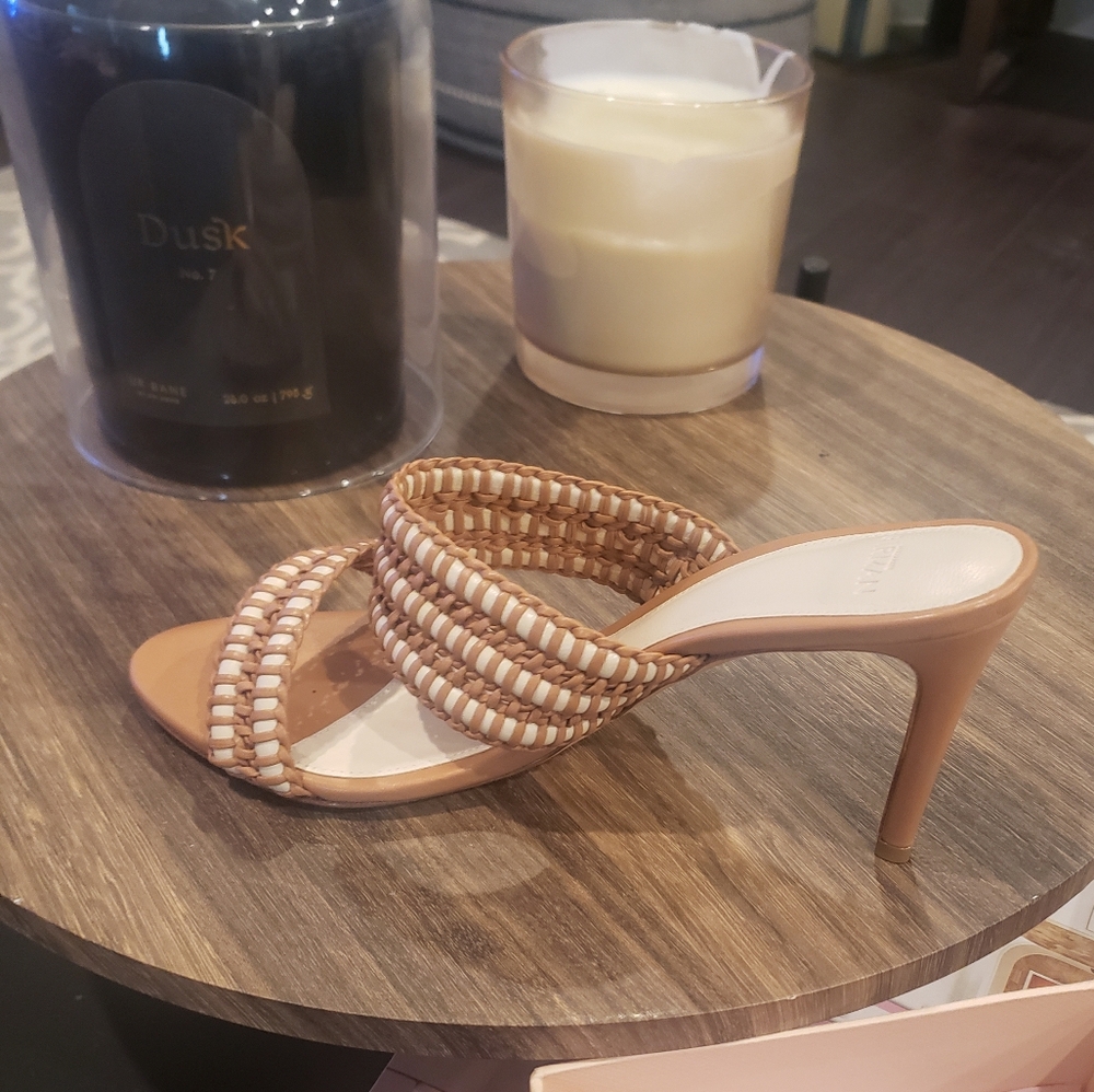 Alexandre Birman Beige and White Woven Heels. Emmy Leather Mules, EU 38.5, Sz 8.